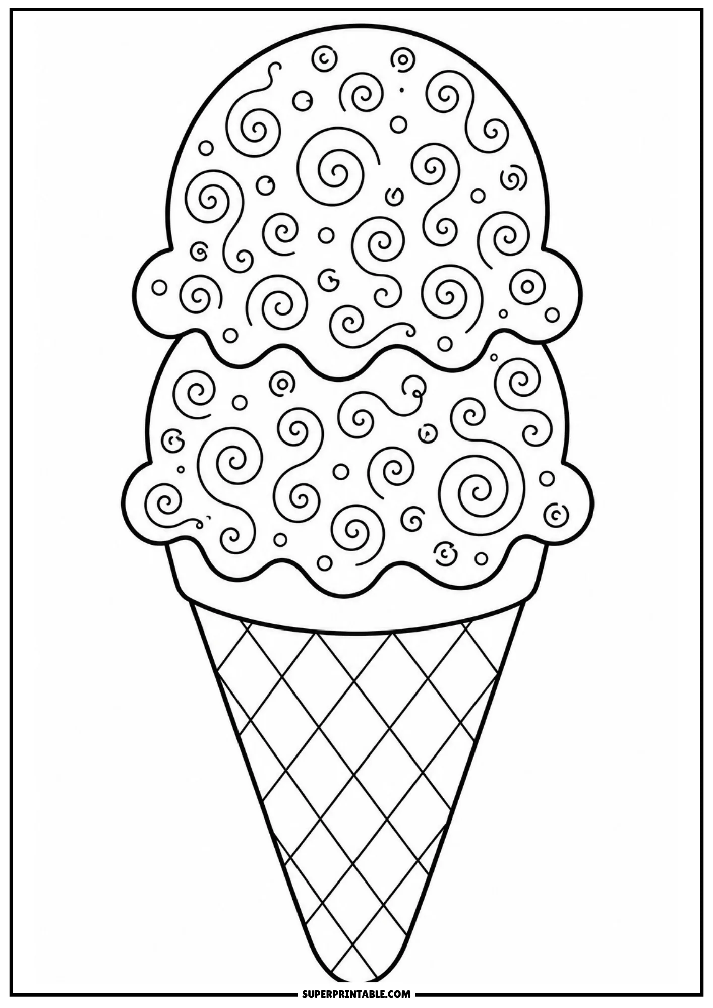 Cute patterned ice cream cone with simple decorative sections for kids to color