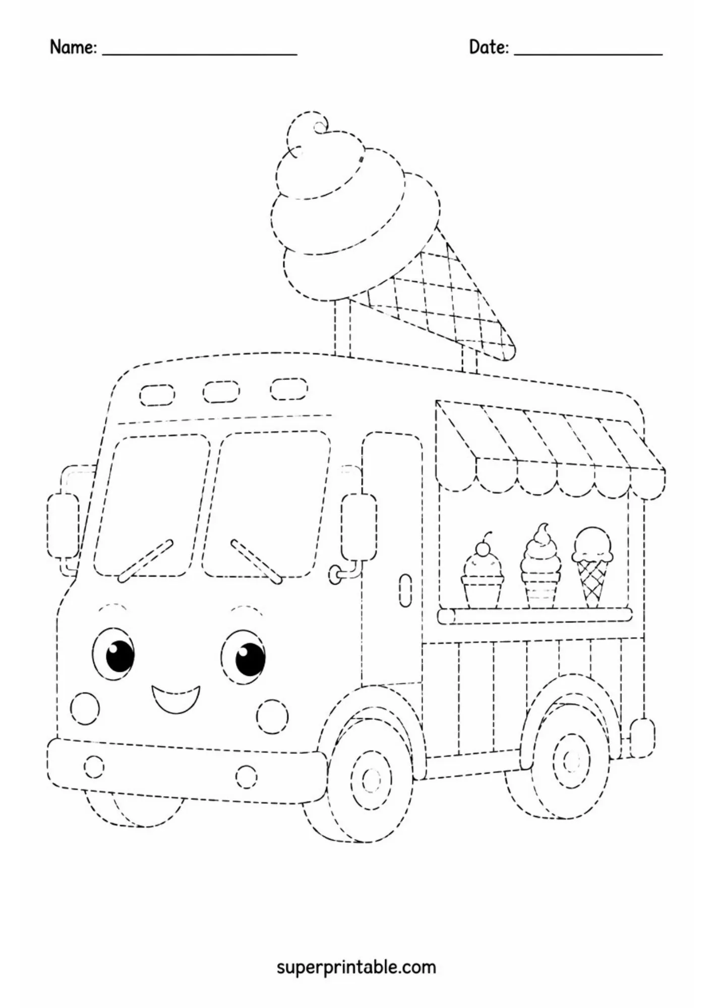 Cartoon ice cream truck tracing sheet with giant cone roof sign and cheerful face.