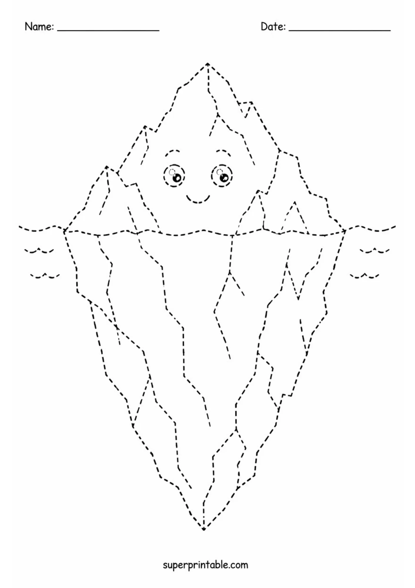 Smiling cartoon iceberg tracing activity page with underwater lines for kids coloring prep.