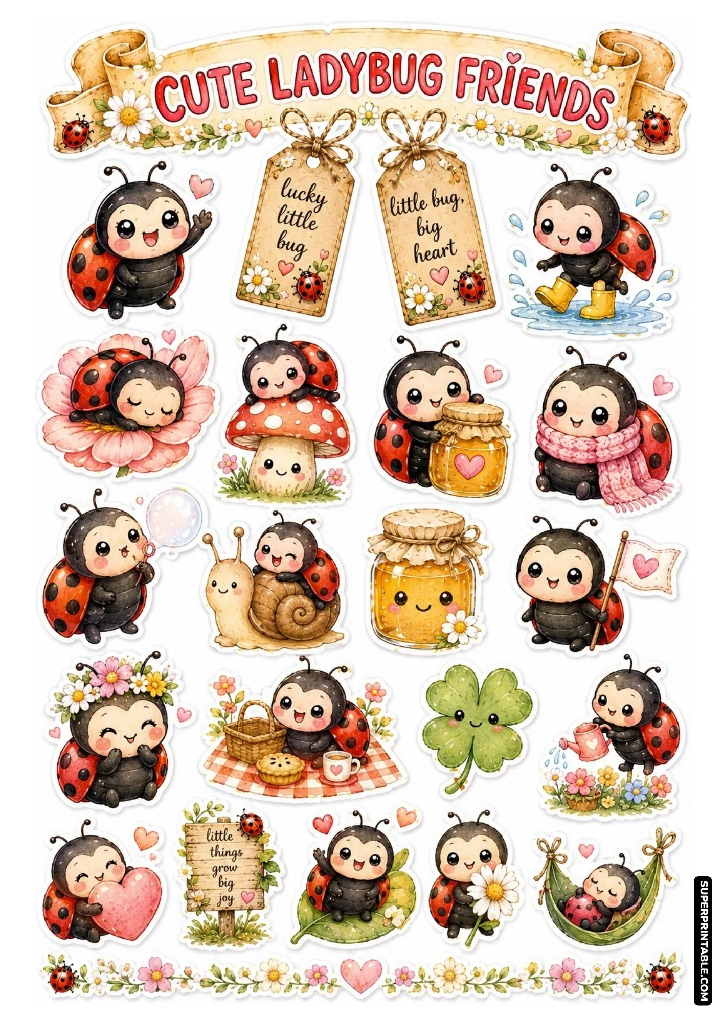 Kawaii chibi ladybug sticker sheet with cute cartoon characters riding snails and wearing tiny rain boots.