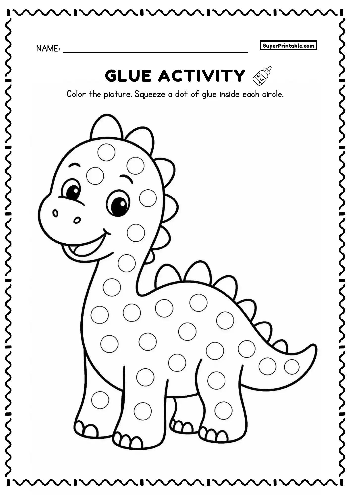 Cute smiling long neck dinosaur with glue circles across its neck, body, legs, and tail