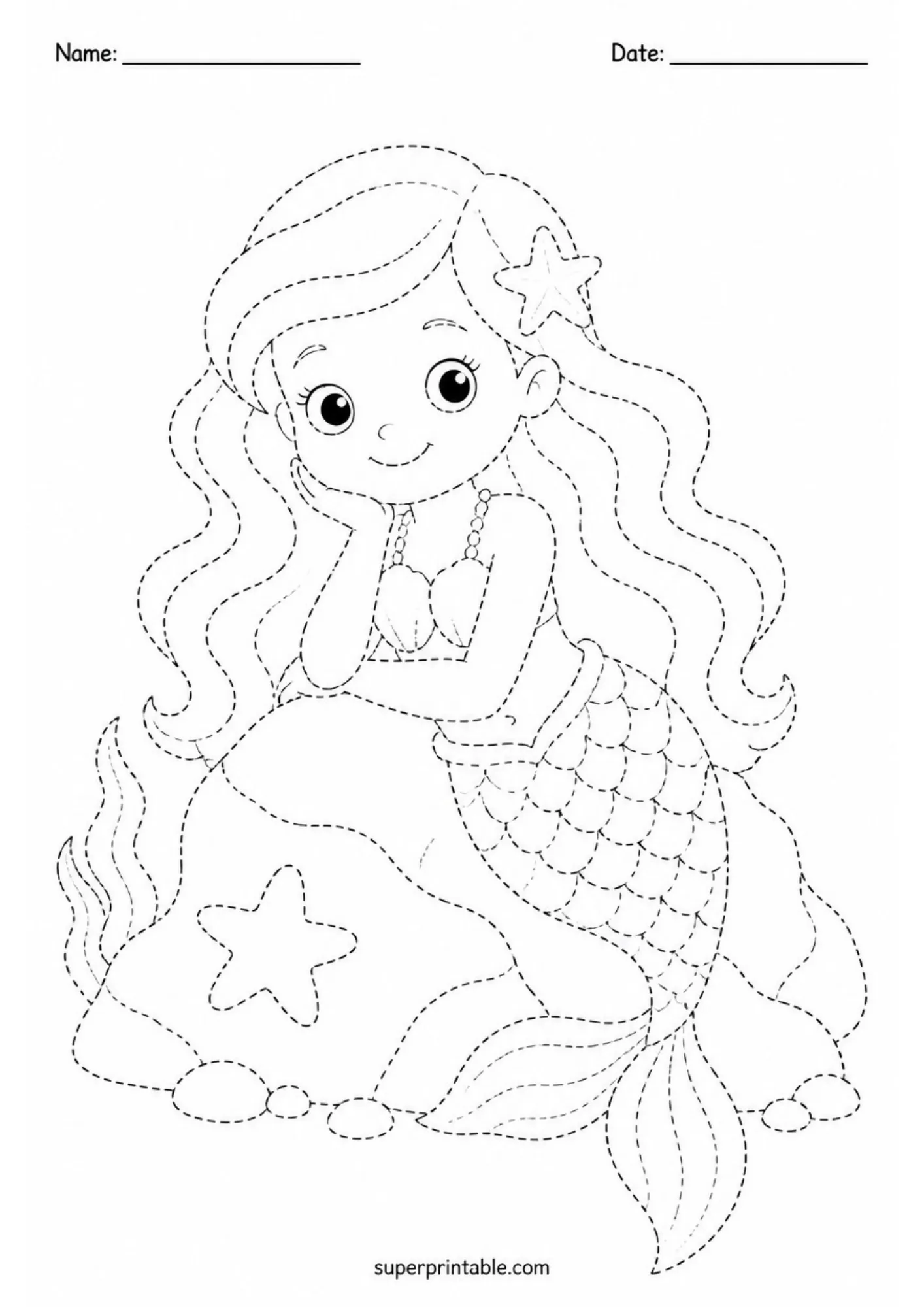 Little mermaid sitting on a sea rock with long wavy hair and fish tail in dashed line style.