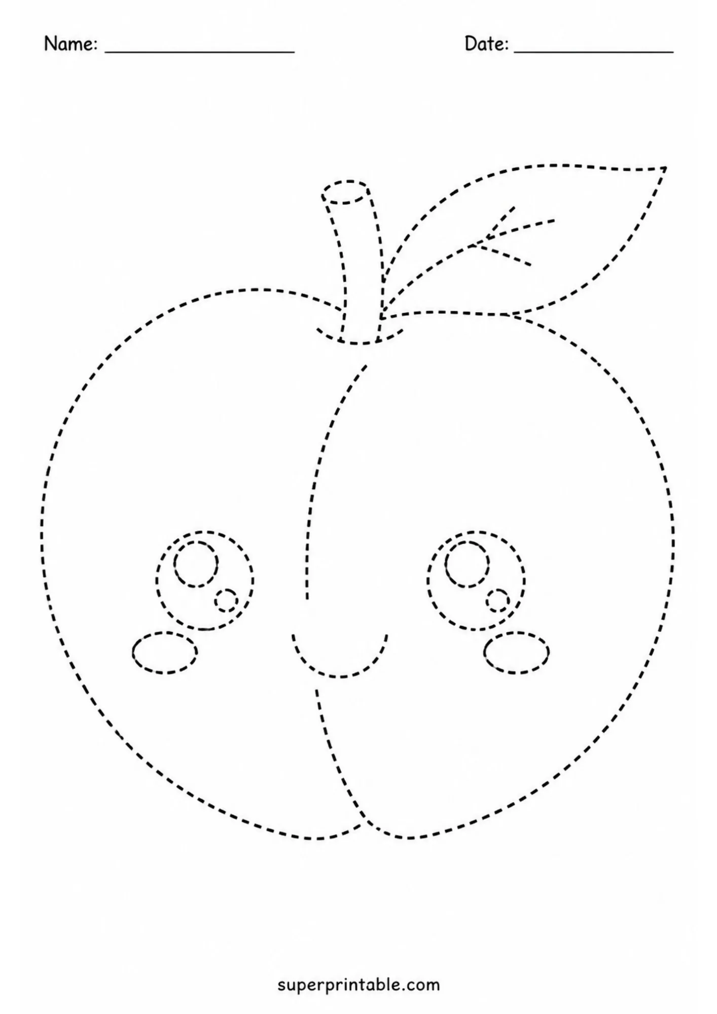 Cute peach fruit line art with a center groove and smiling face.