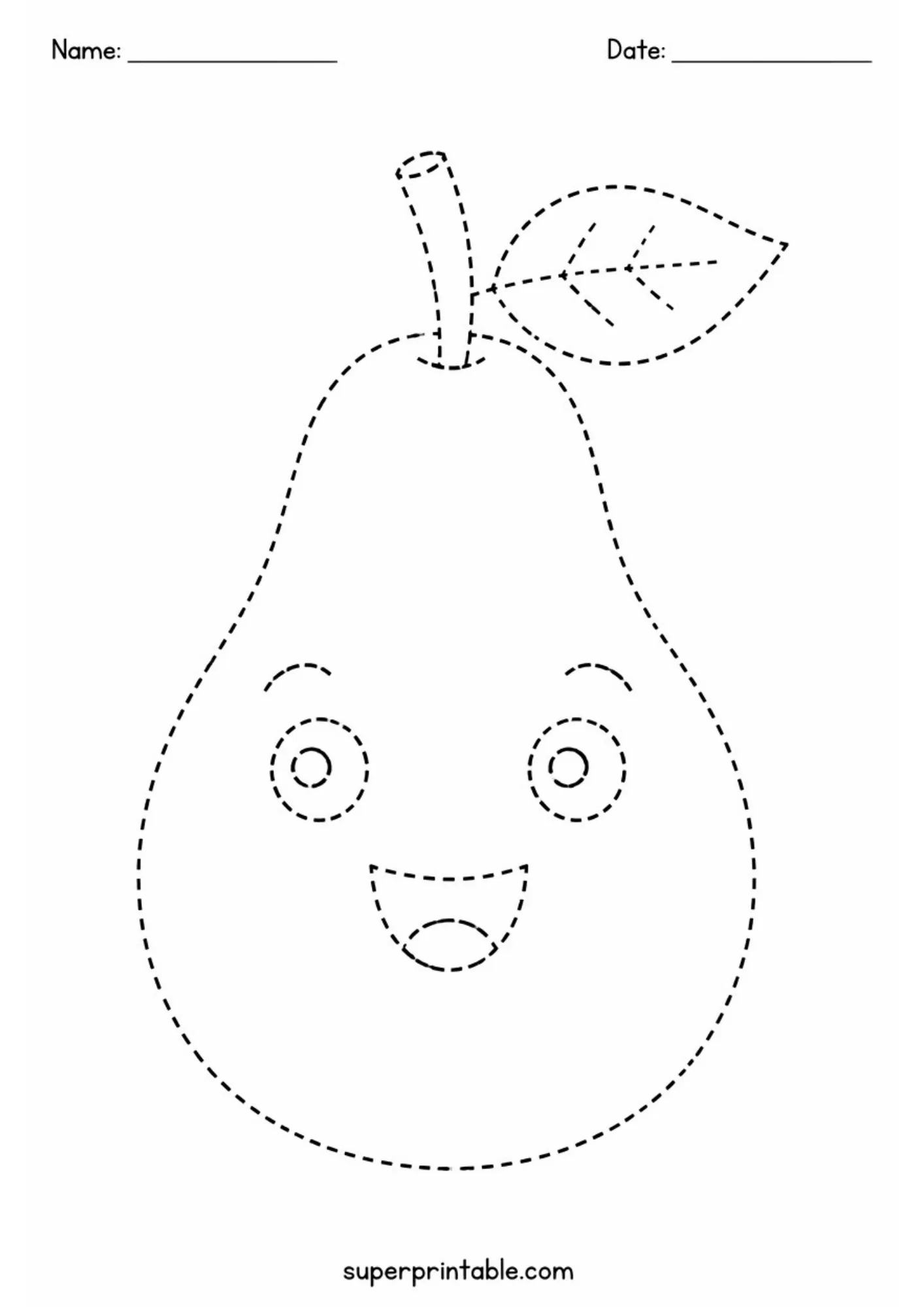 Dashed outline of a friendly pear with a stem, leaf, and big smile.