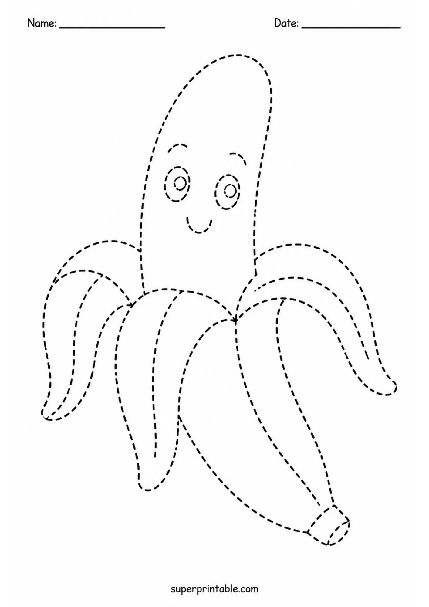 Peeled banana cartoon character with a smiling face in dashed art.