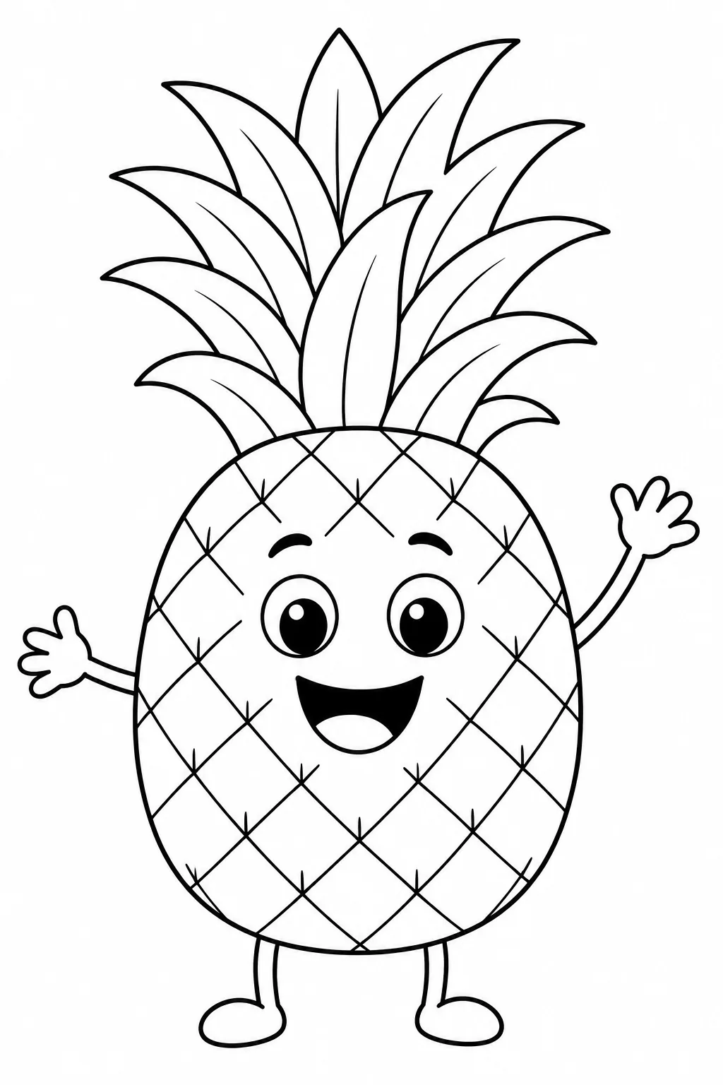 Cute smiling pineapple character with arms and expressive face to color