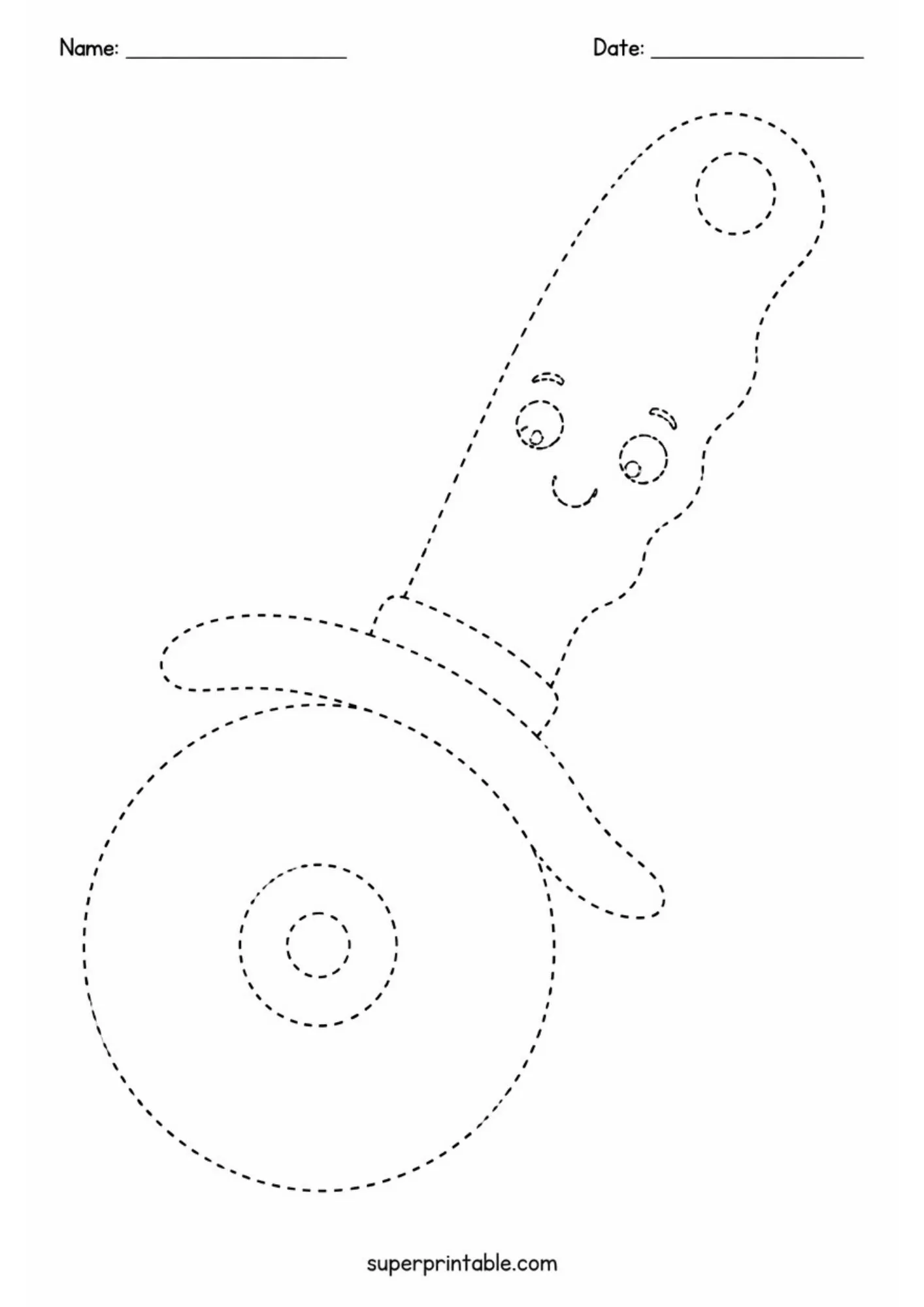 Cute cartoon pizza cutter wheel with a happy face on printable activity page.
