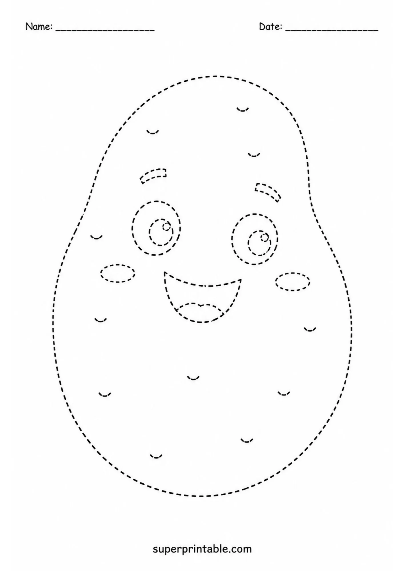 Cute happy potato character line art with face features to trace.