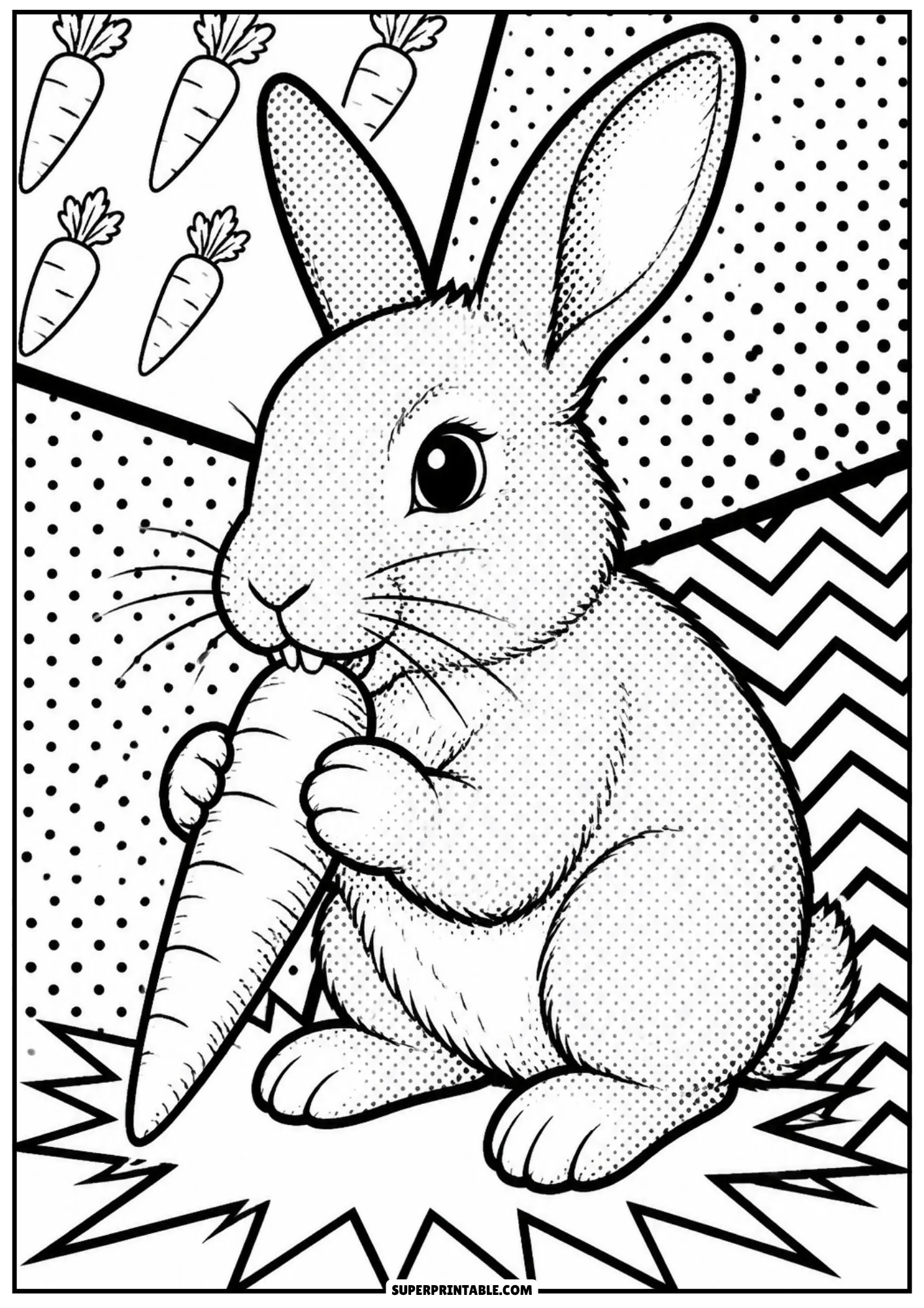 Cute rabbit sitting and holding a large carrot in its paws with pop art comic halftone patterns.