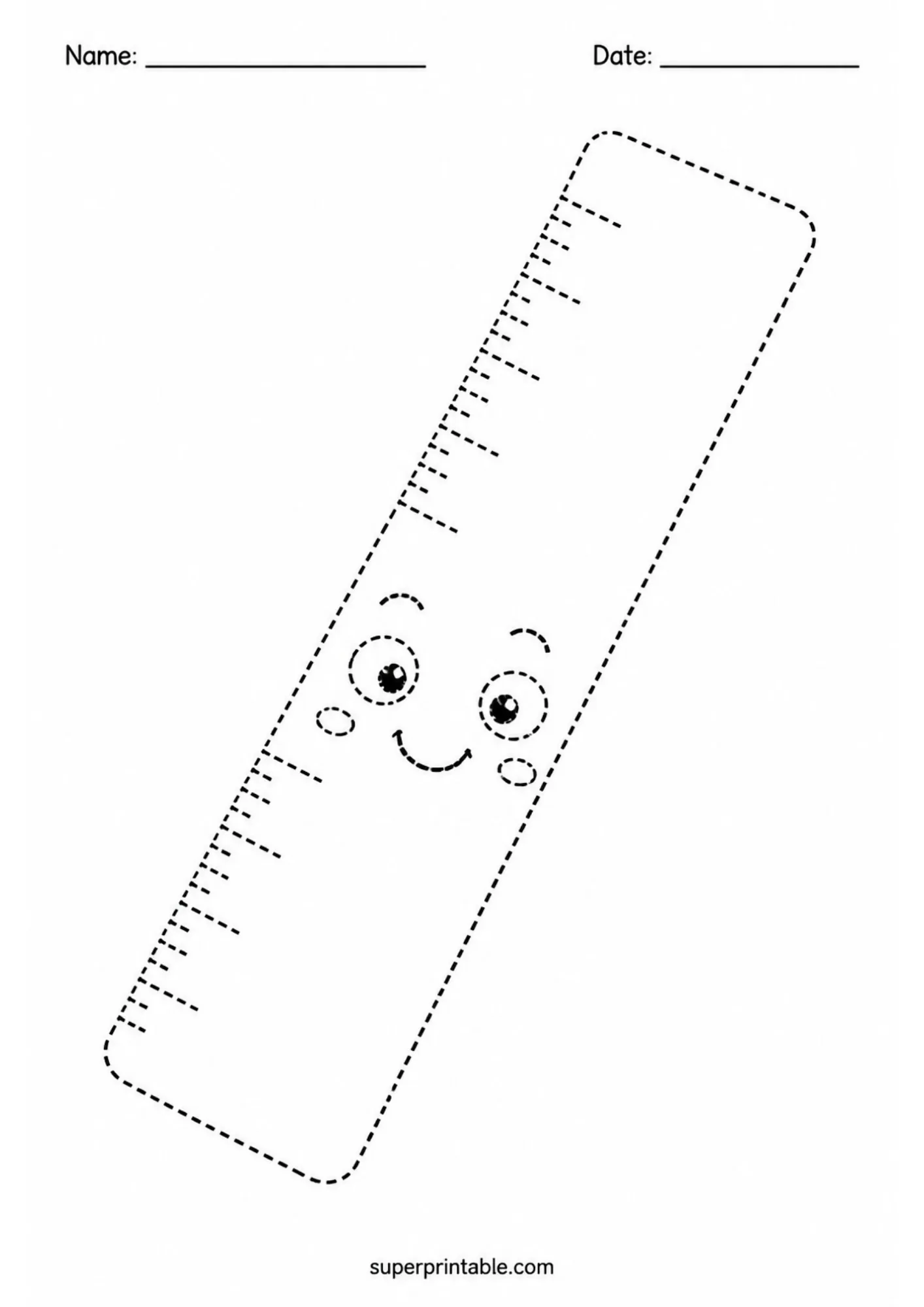 Cute smiling school ruler dashed line tracing sheet for kindergarten and preschool math fun.