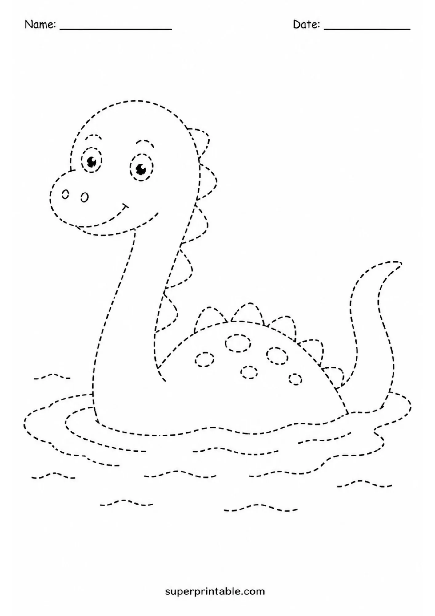 Sea monster line tracing activity page featuring a smiling plesiosaur creature floating on water waves.