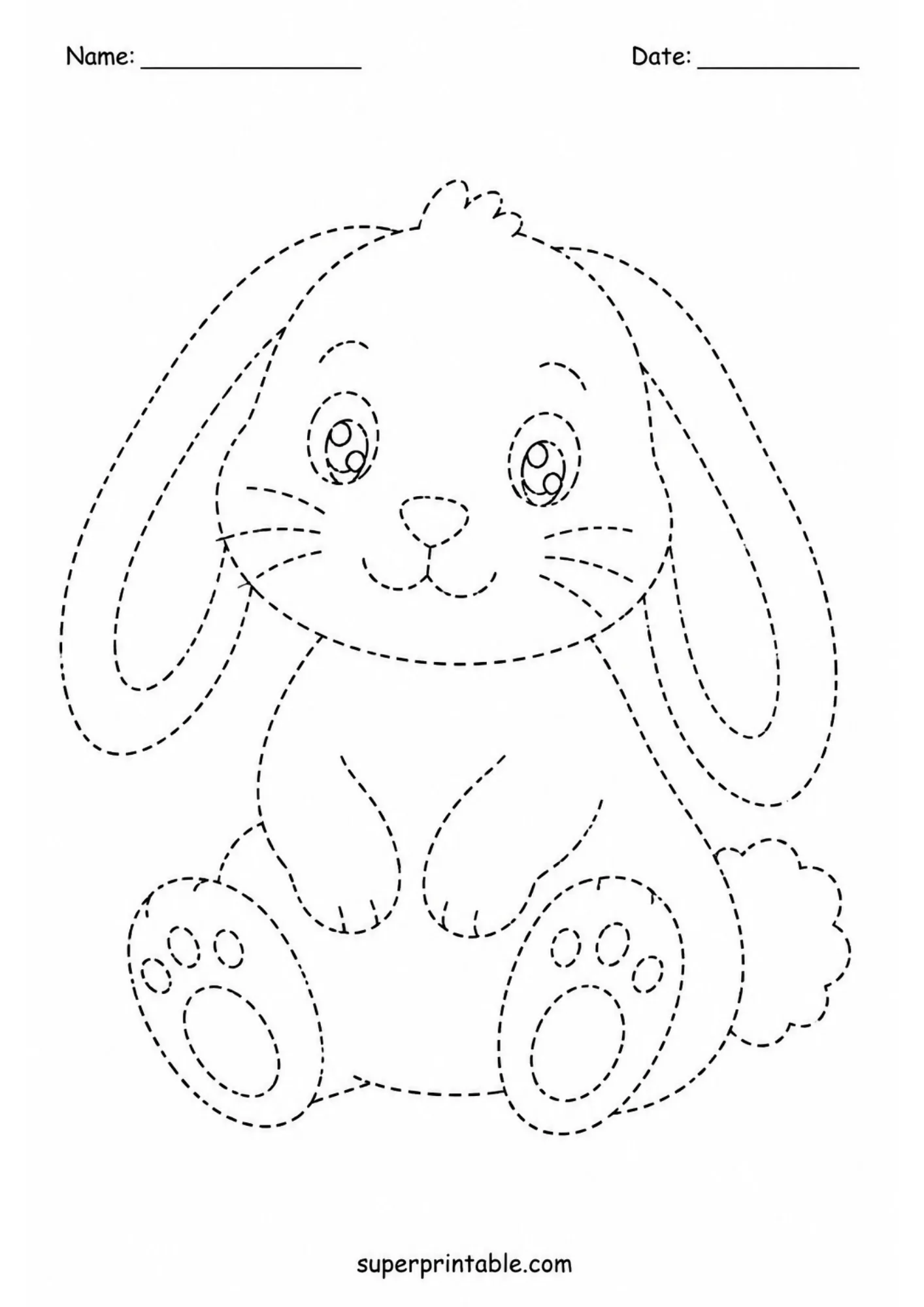 Bunny rabbit dashed line page from our friendly pets and animals tracing worksheets collection.