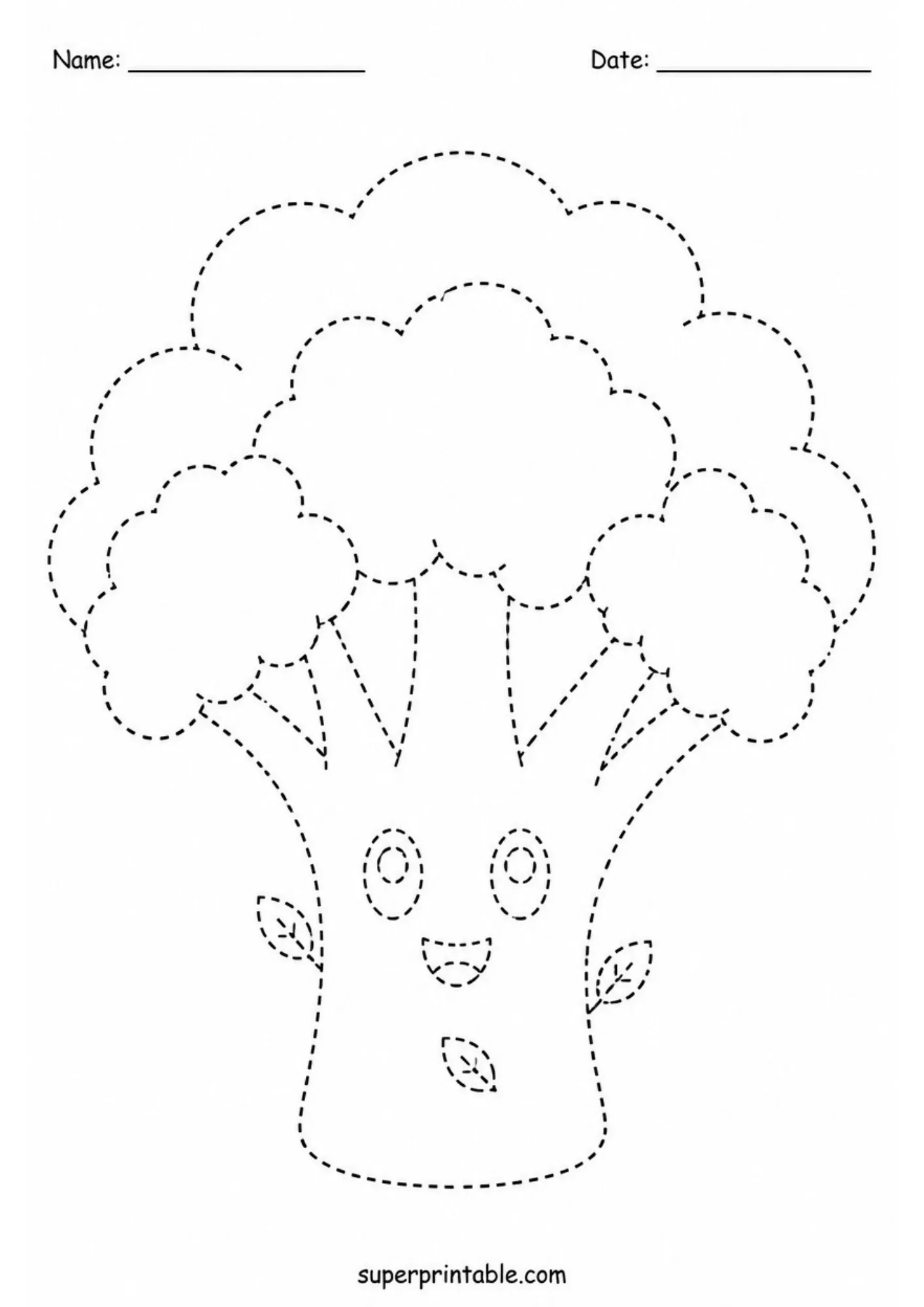Smiling broccoli floret tree with cartoon face in dashed outlines.