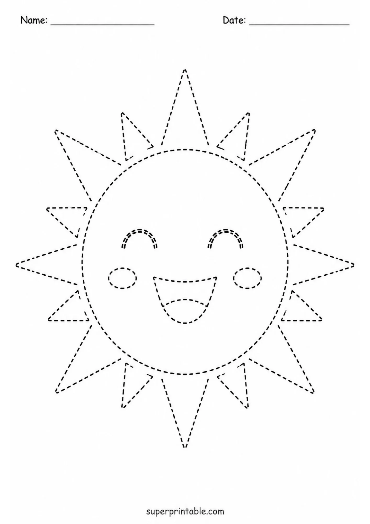 Black and white tracing worksheet featuring a smiling cartoon sun with dashed rays, cheek ovals, and name and date lines at the top.