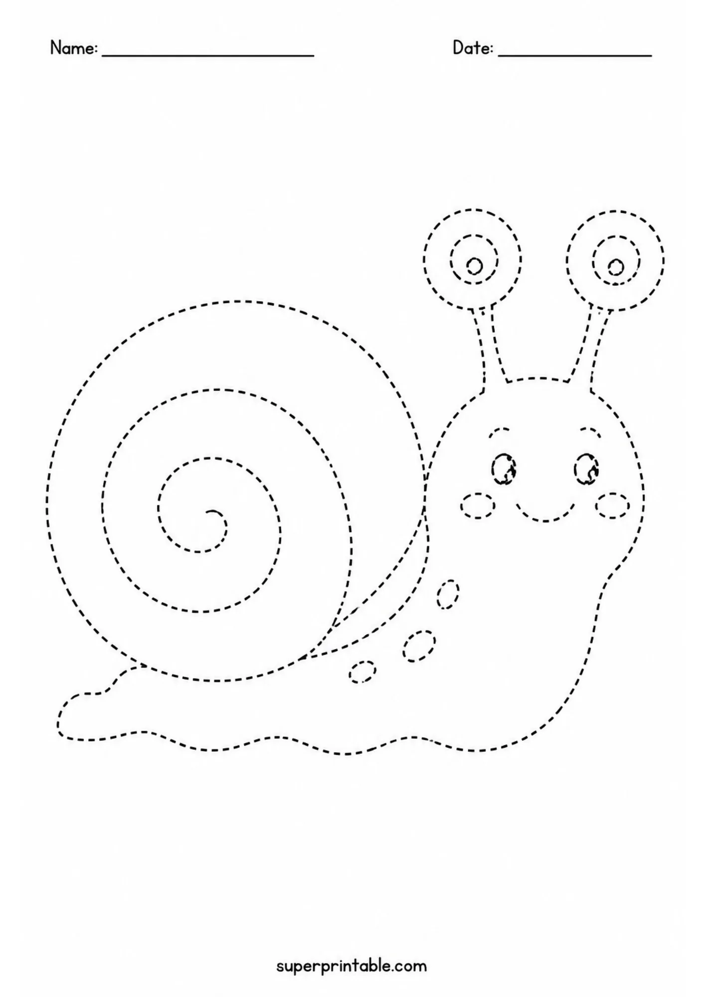 Bugs and garden activity worksheets feature a cute cartoon snail line tracing page for kids.