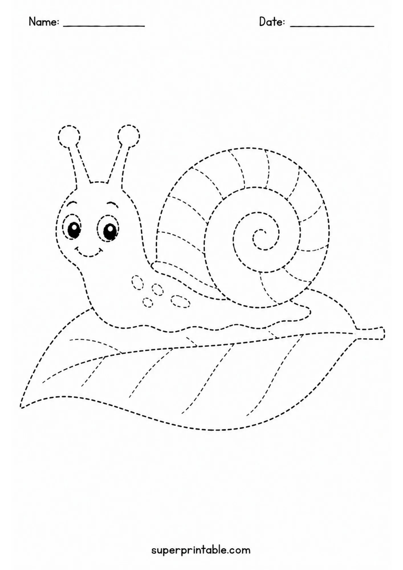 Line tracing sheet showing a smiling snail with a spiral shell crawling on a leaf.