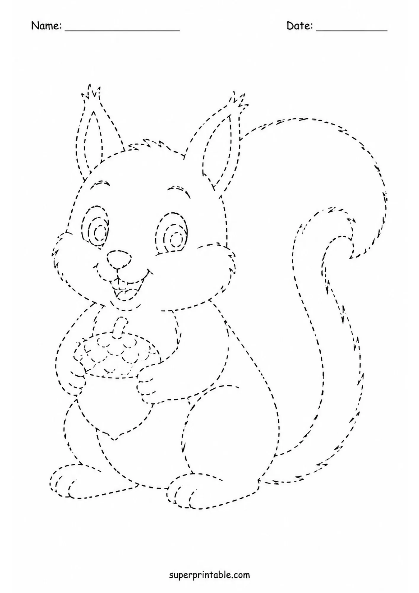 Cute squirrel holding acorn nut dashed line tracing worksheet for fine motor practice.