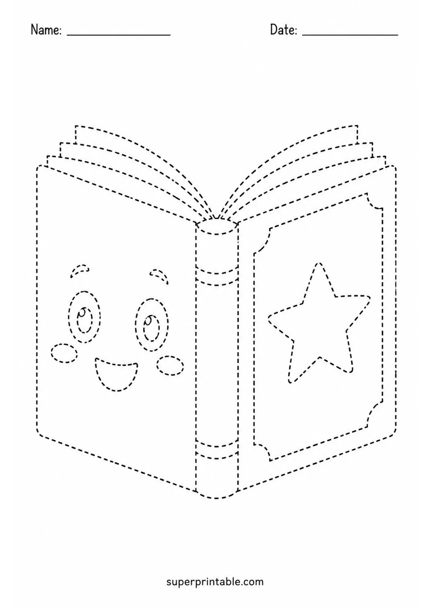 Fun classroom activity worksheets depicting a cute open storybook with dashed lines for tracing.