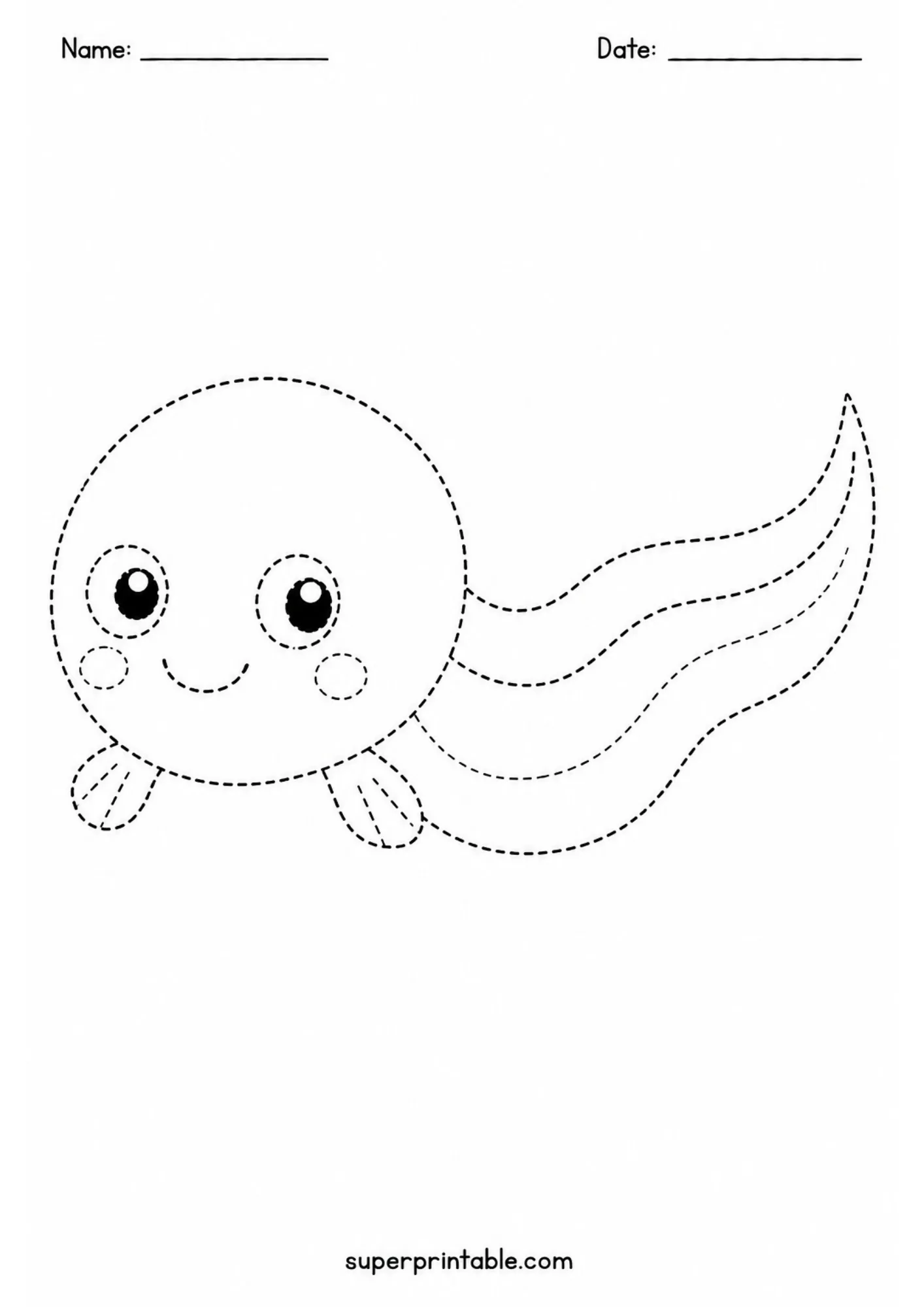 Fun line tracing page depicting a cute swimming tadpole with big friendly eyes.