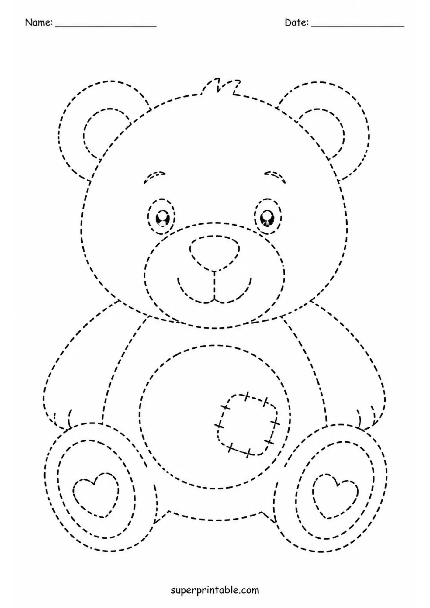 Cute teddy bear with belly patch and heart foot pads dashed line tracing sheet.