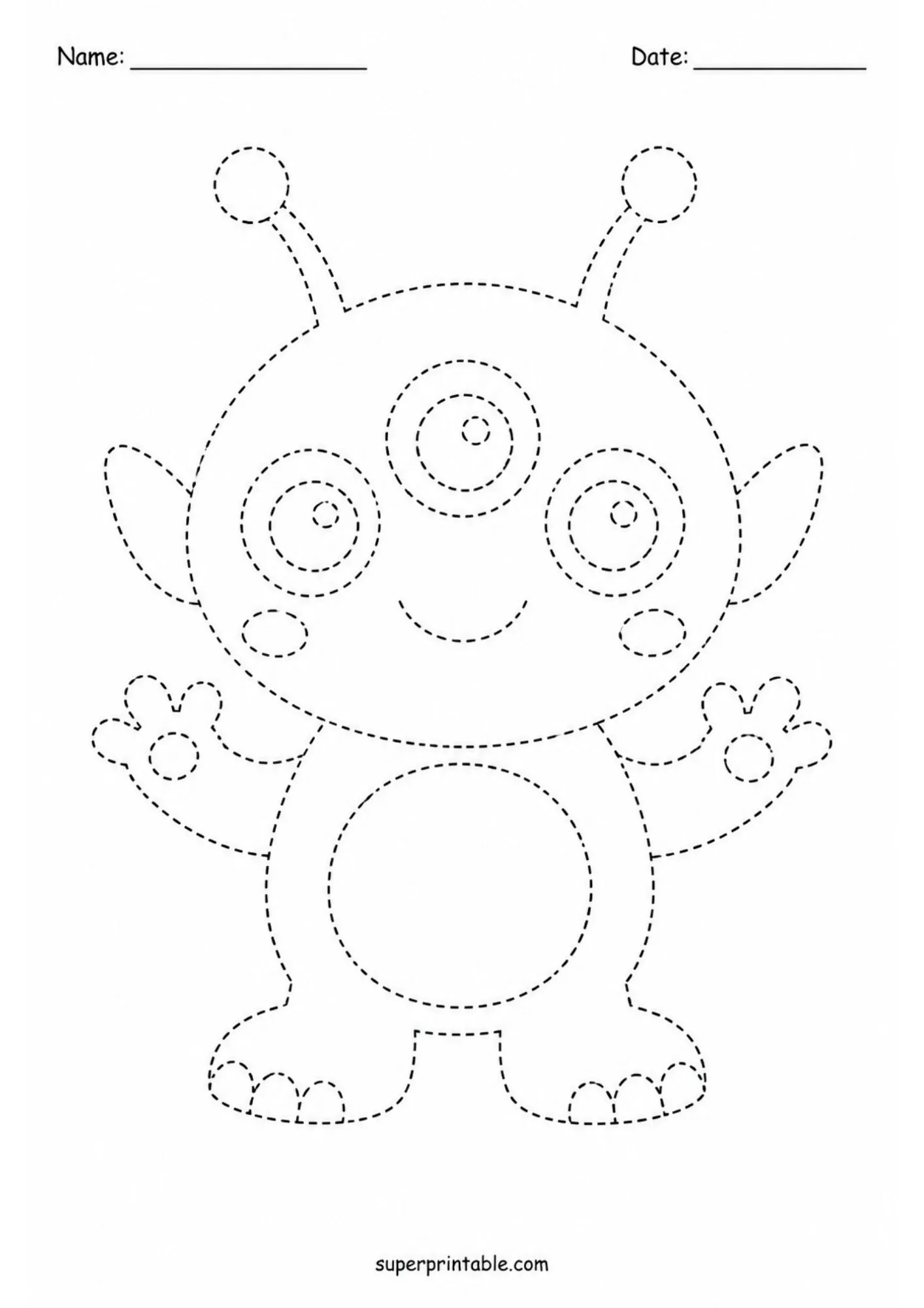 Tracing worksheet featuring a cute three-eyed space alien with antennae for young kids to practice fine motor skills.