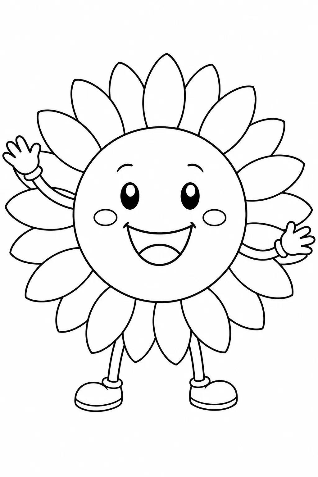 Friendly smiling sunflower cartoon character waving hands with cheerful face outline.