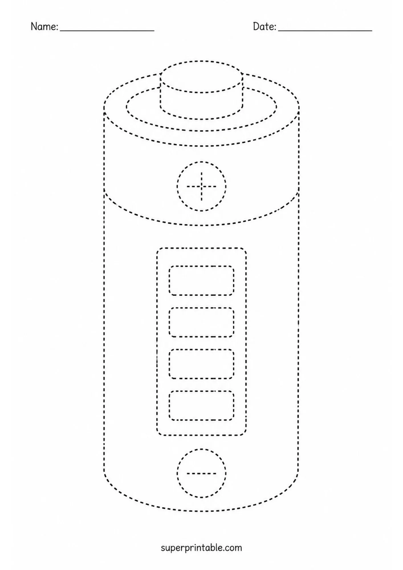 Robots and tech tracing activity worksheet displaying a cylindrical battery.