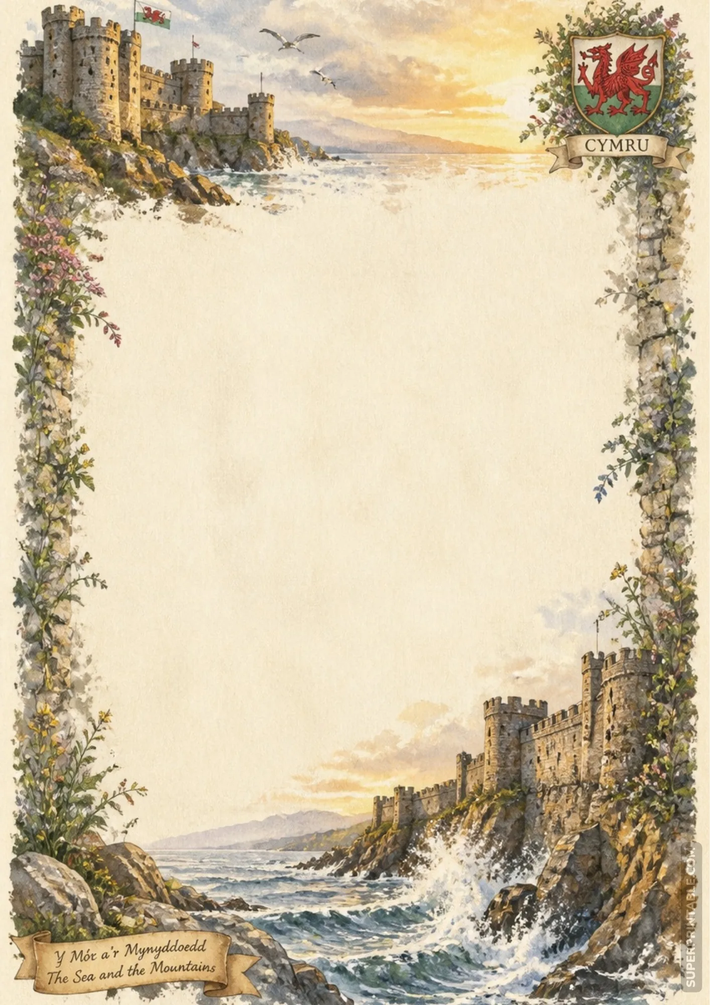 Cymru Welsh castle watercolor letter page with coastal waves, dragon crest, and sea mountain motto