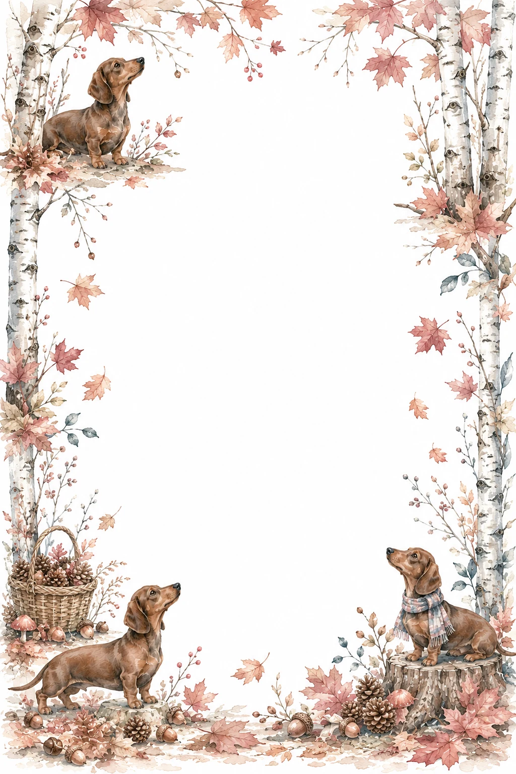 Watercolor border page featuring a Dachshund in a autumn setting, with a blank center and no text or watermark.