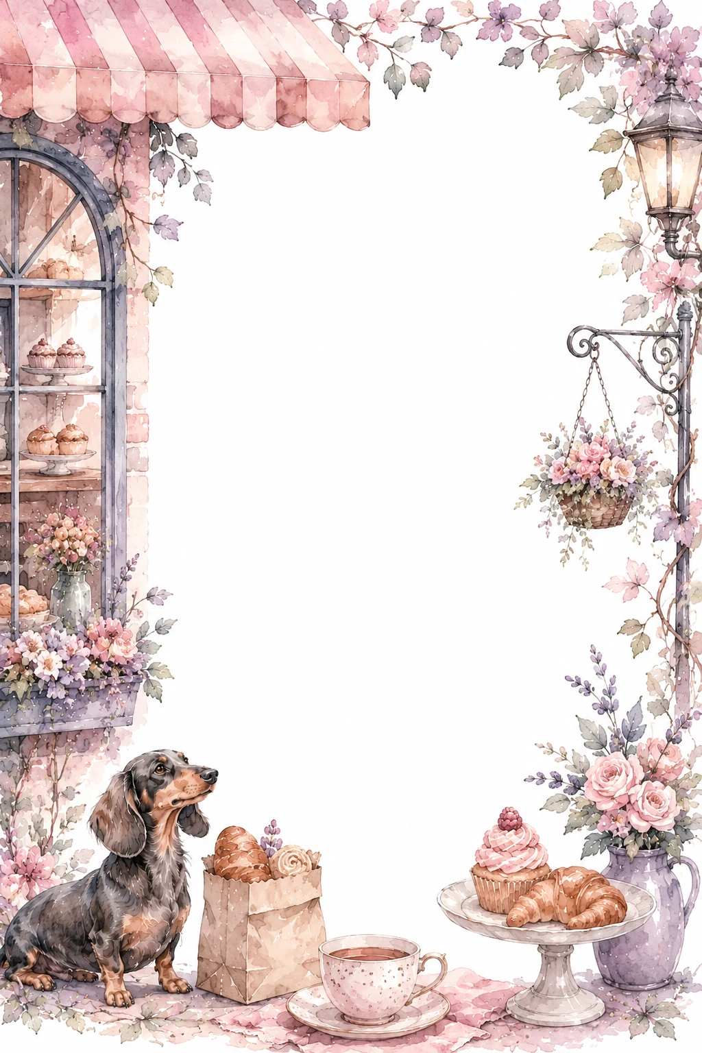 Watercolor border page featuring a Dachshund in a bakery setting, with a blank center and no text or watermark.