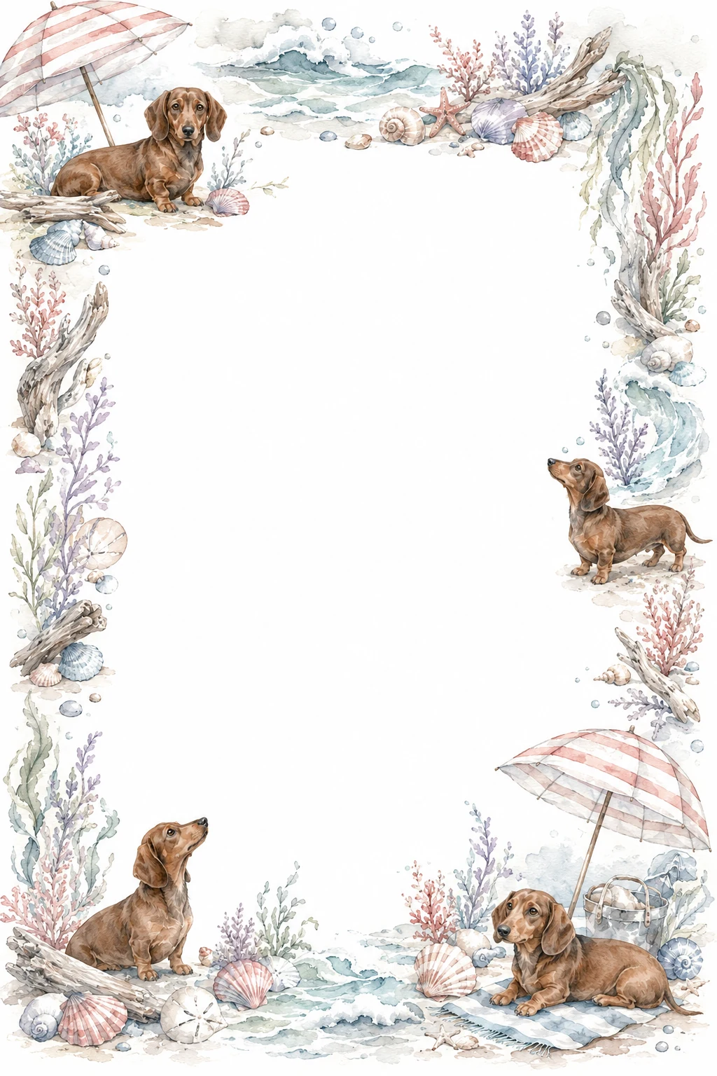 Watercolor border page featuring a Dachshund in a beach setting, with a blank center and no text or watermark.