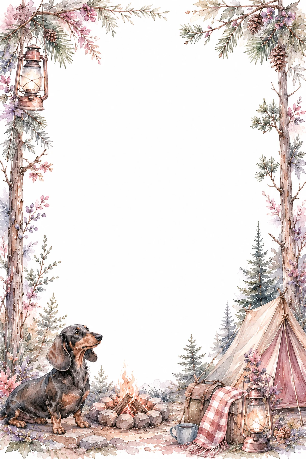 Watercolor border page featuring a Dachshund in a camping setting, with a blank center and no text or watermark.