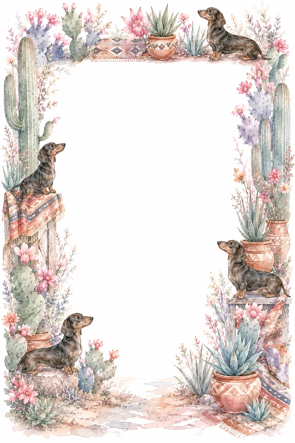 Watercolor border page featuring a Dachshund in a desert setting, with a blank center and no text or watermark.