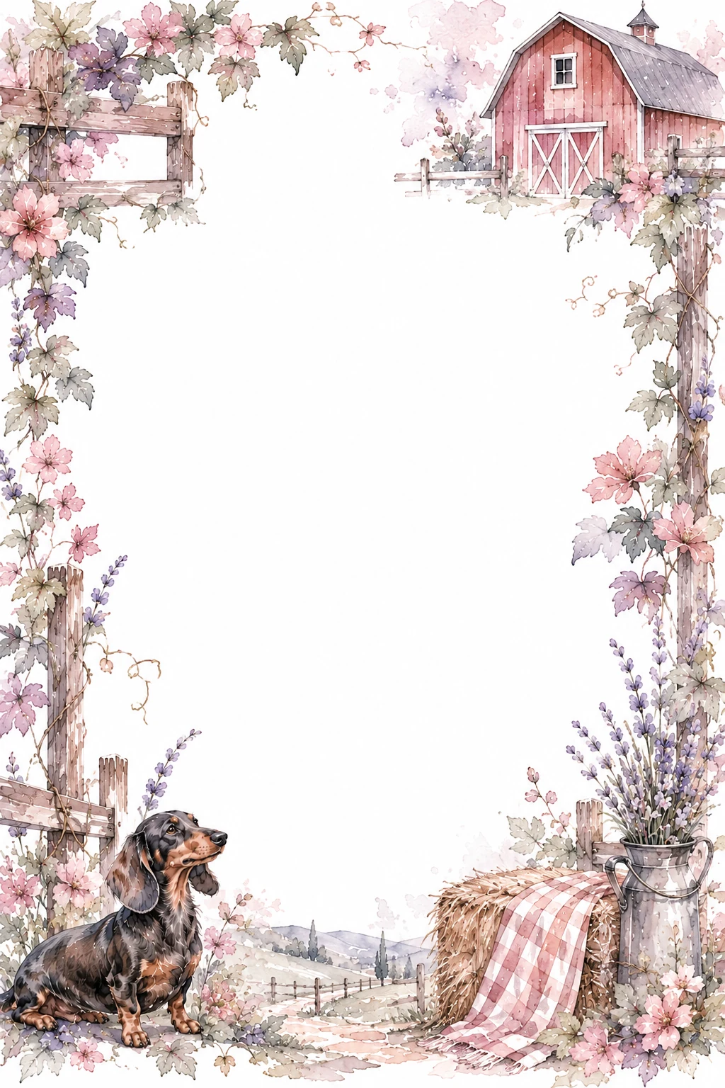 Watercolor border page featuring a Dachshund in a farmhouse setting, with a blank center and no text or watermark.