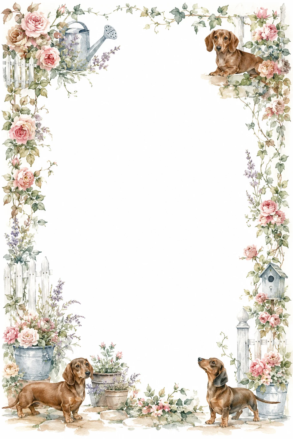 Watercolor border page featuring a Dachshund in a garden setting, with a blank center and no text or watermark.