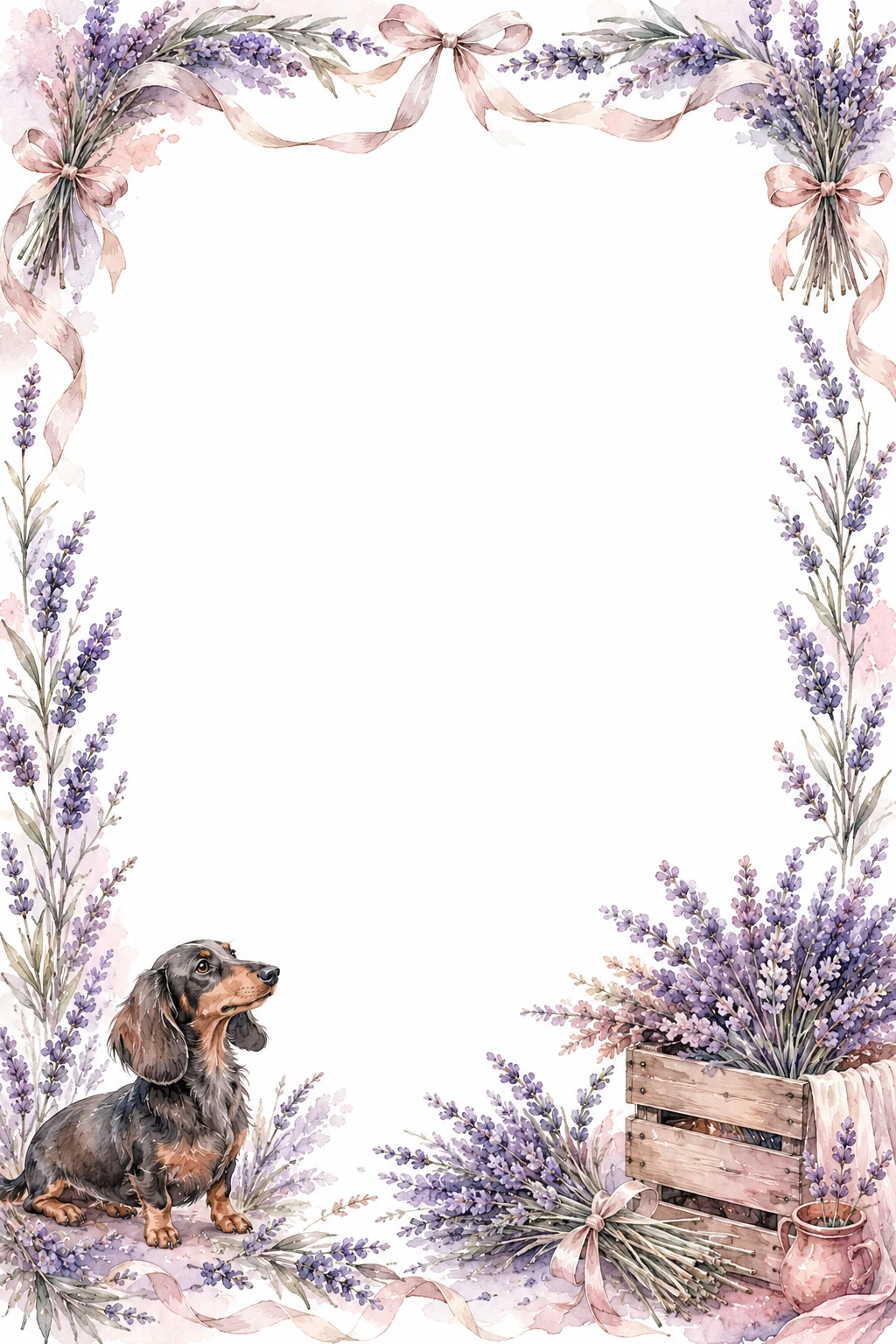 Watercolor border page featuring a Dachshund in a lavender field setting, with a blank center and no text or watermark.