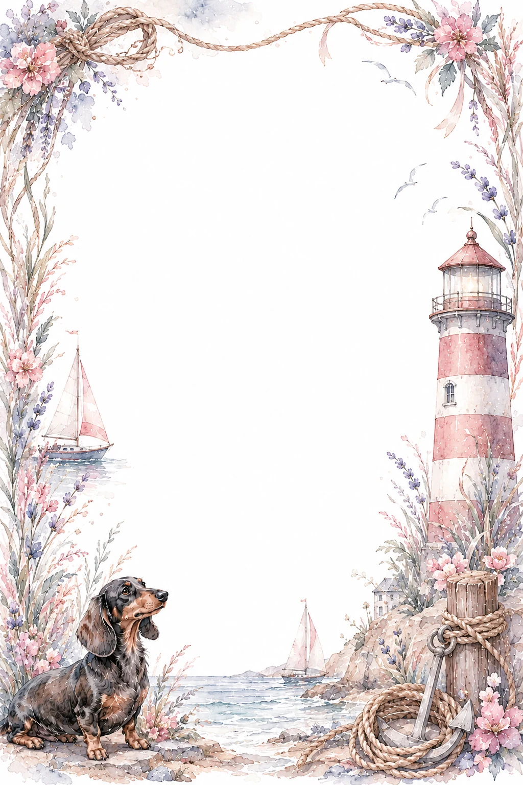 Watercolor border page featuring a Dachshund in a lighthouse setting, with a blank center and no text or watermark.