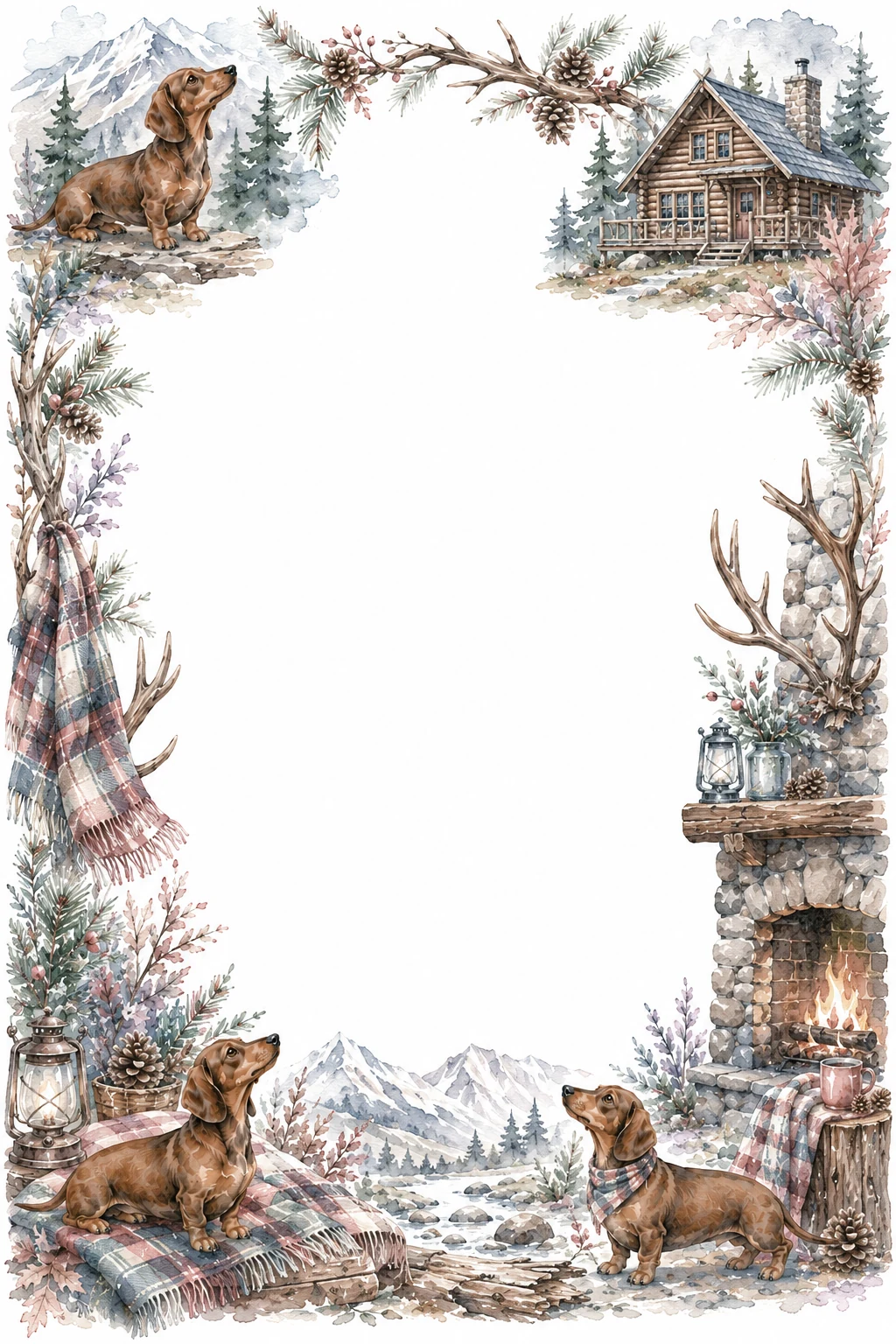 Watercolor border page featuring a Dachshund in a mountain lodge setting, with a blank center and no text or watermark.