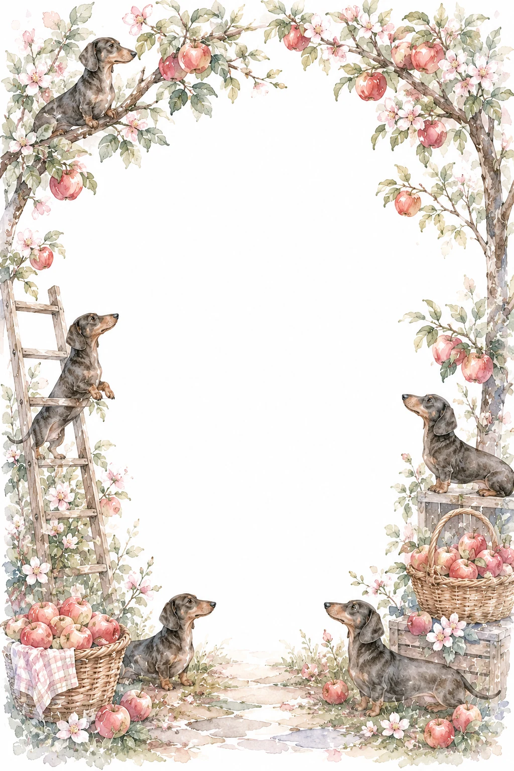 Watercolor border page featuring a Dachshund in a orchard setting, with a blank center and no text or watermark.