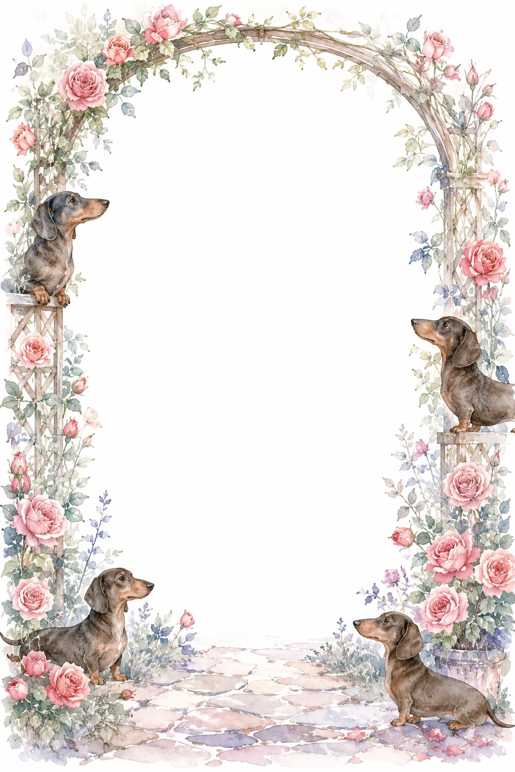 Watercolor border page featuring a Dachshund in a rose trellis setting, with a blank center and no text or watermark.