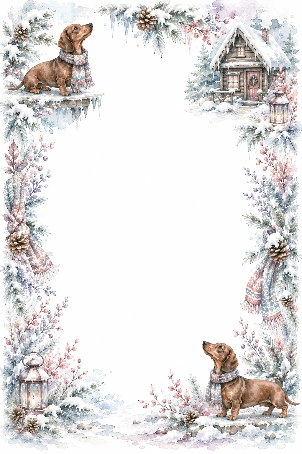 Watercolor border page featuring a Dachshund in a snow cabin setting, with a blank center and no text or watermark.
