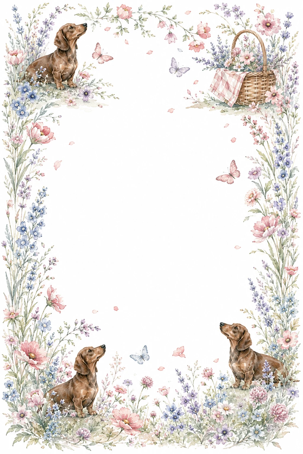 Watercolor border page featuring a Dachshund in a spring meadow setting, with a blank center and no text or watermark.