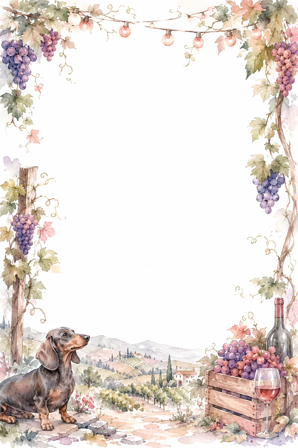 Watercolor border page featuring a Dachshund in a vineyard setting, with a blank center and no text or watermark.