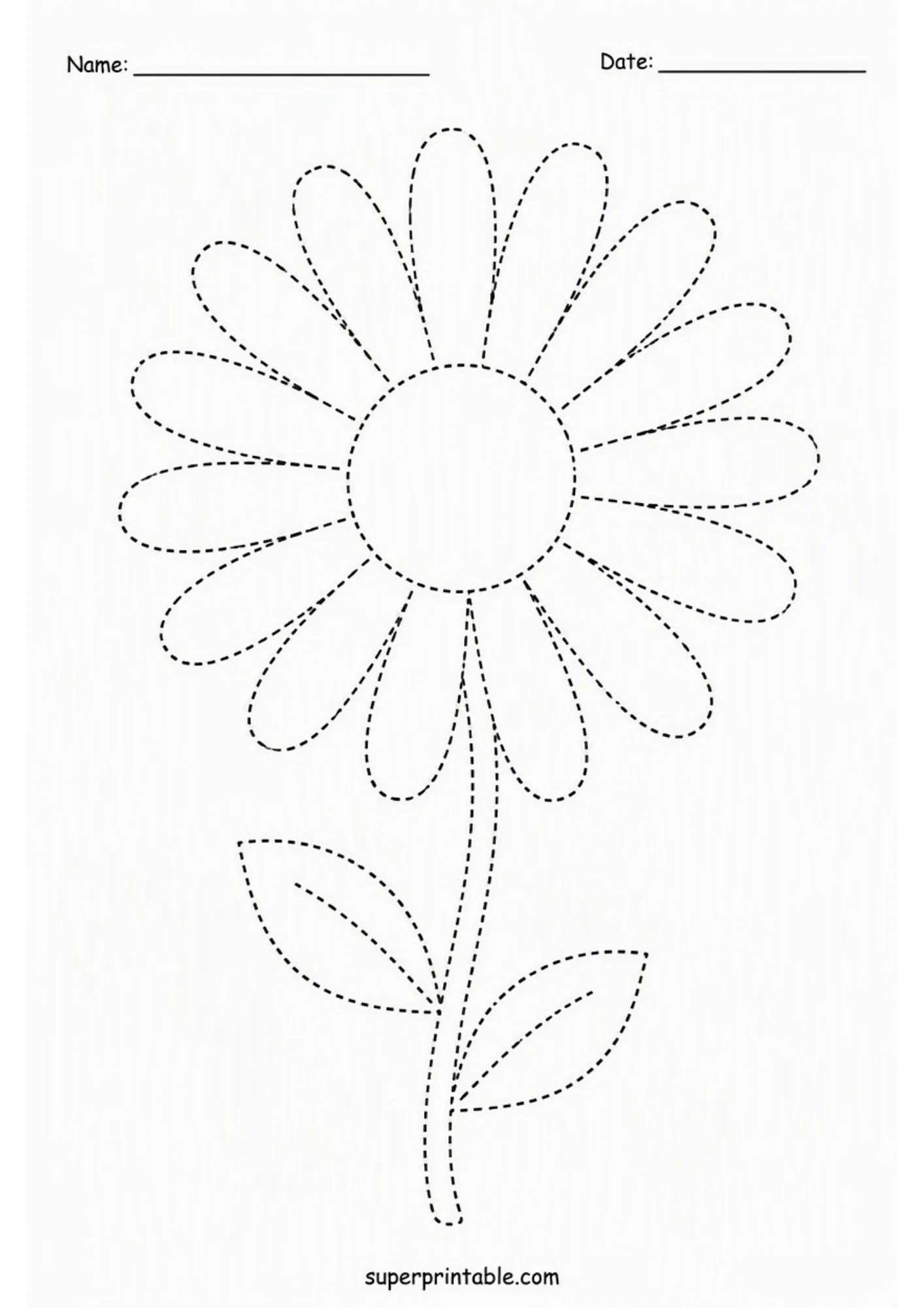 Free printable daisy flower outline using dashed lines.