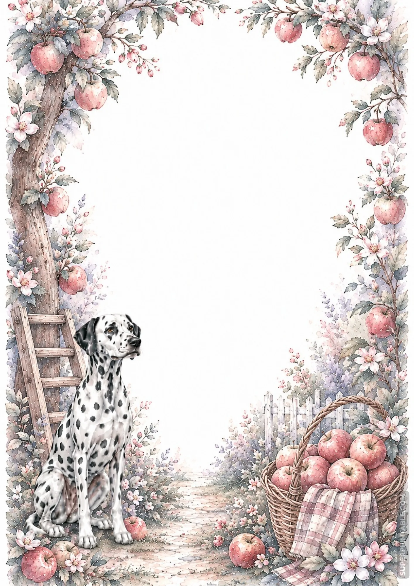 Dalmatian dog sitting by a wooden ladder and apple basket in a soft pastel watercolor orchard frame.