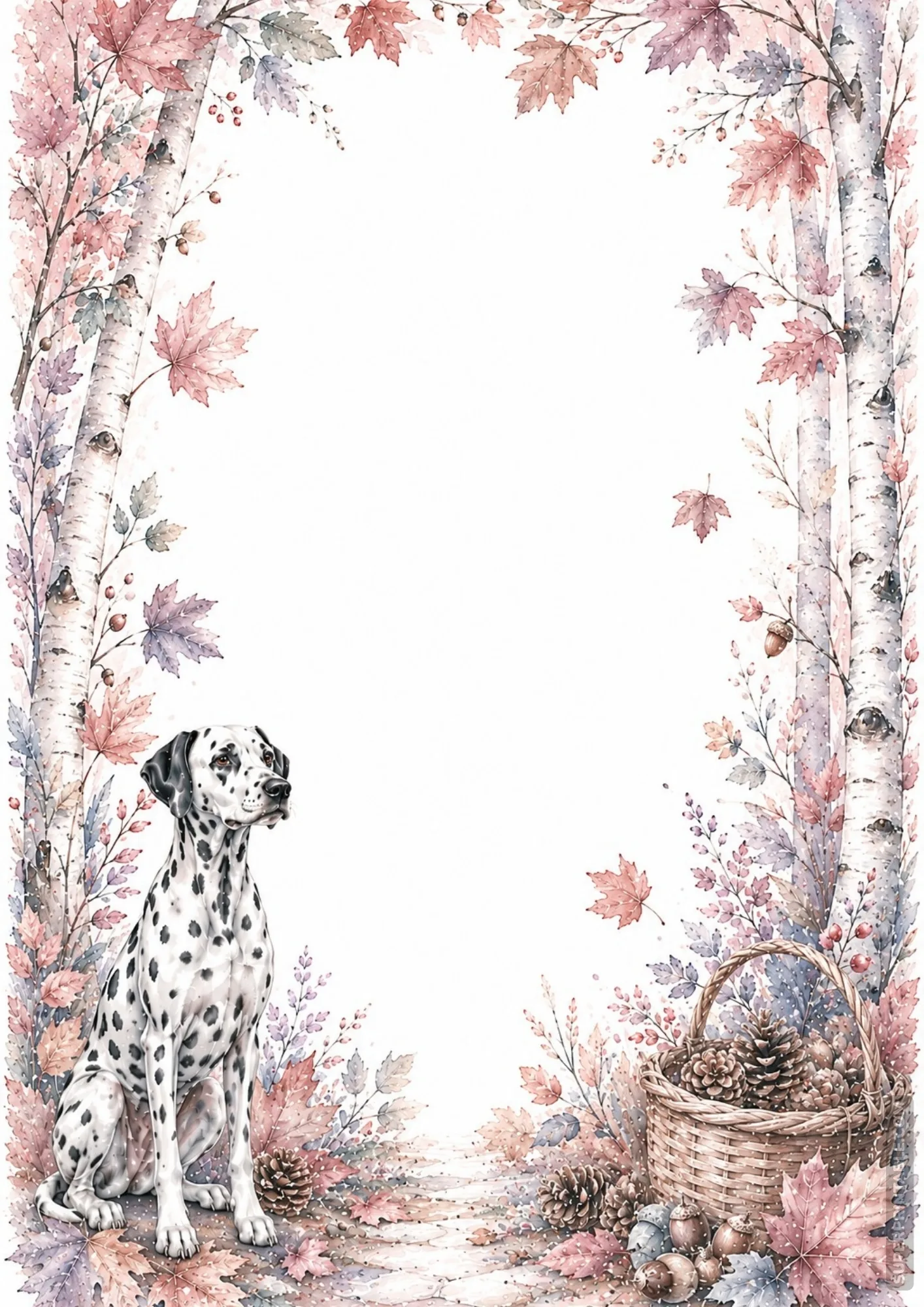 Autumn watercolor frame featuring a Dalmatian dog amongst birch trees, falling leaves, and pinecones.
