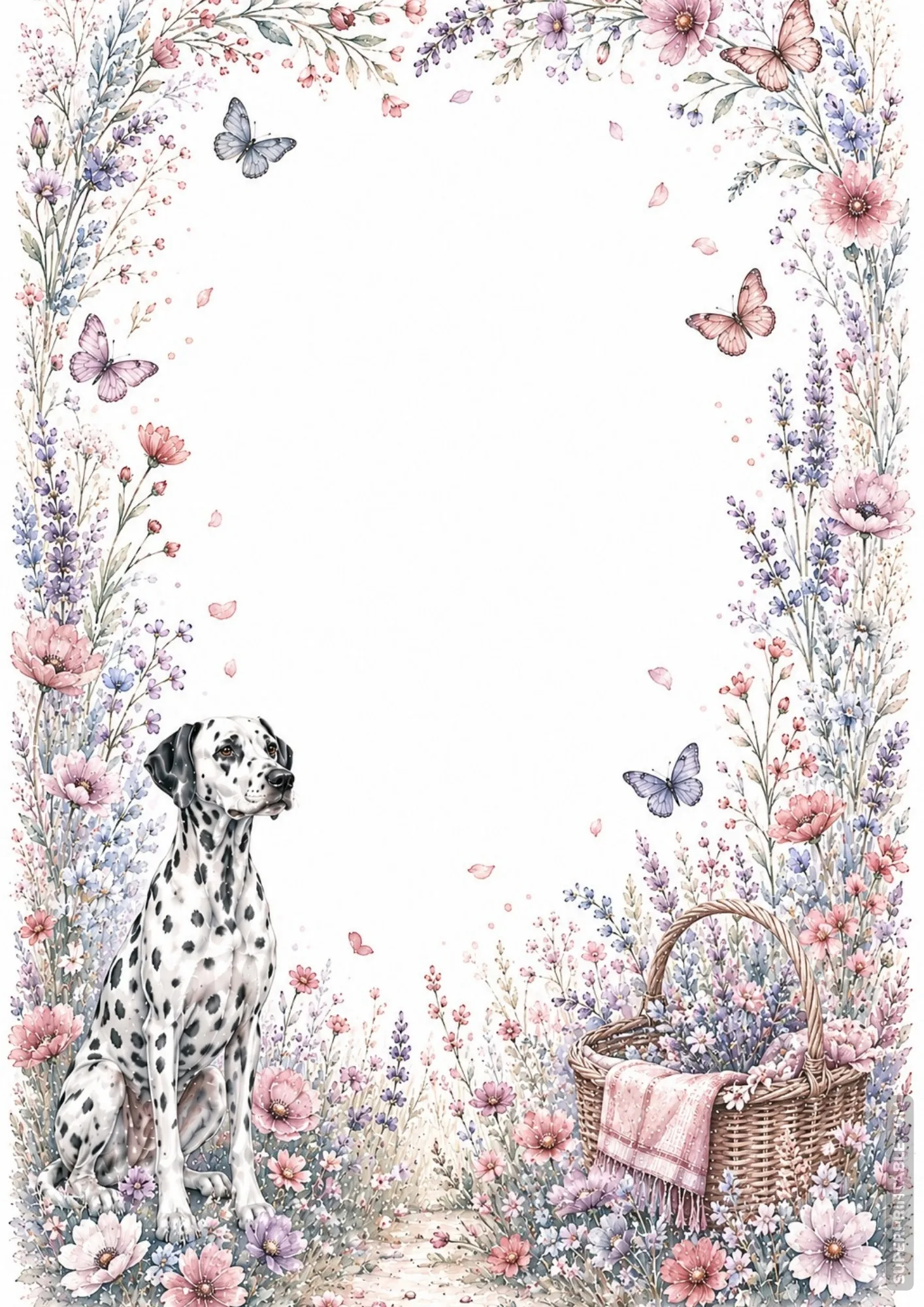 Soft pastel meadow border page with a Dalmatian dog surrounded by blooming flowers and butterflies.