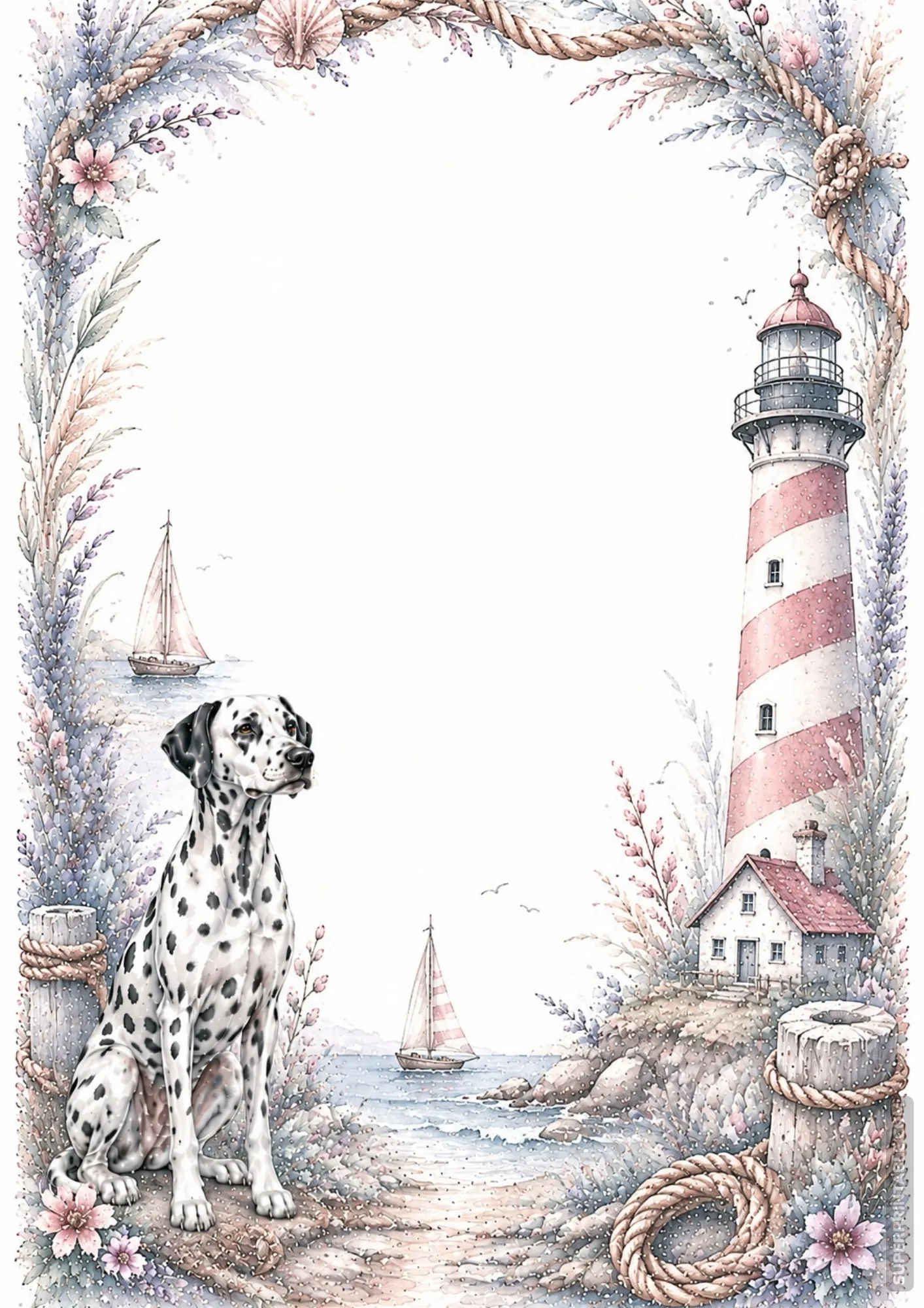 Nautical watercolor page featuring a Dalmatian dog on a beach near a coastal lighthouse and sailboat.