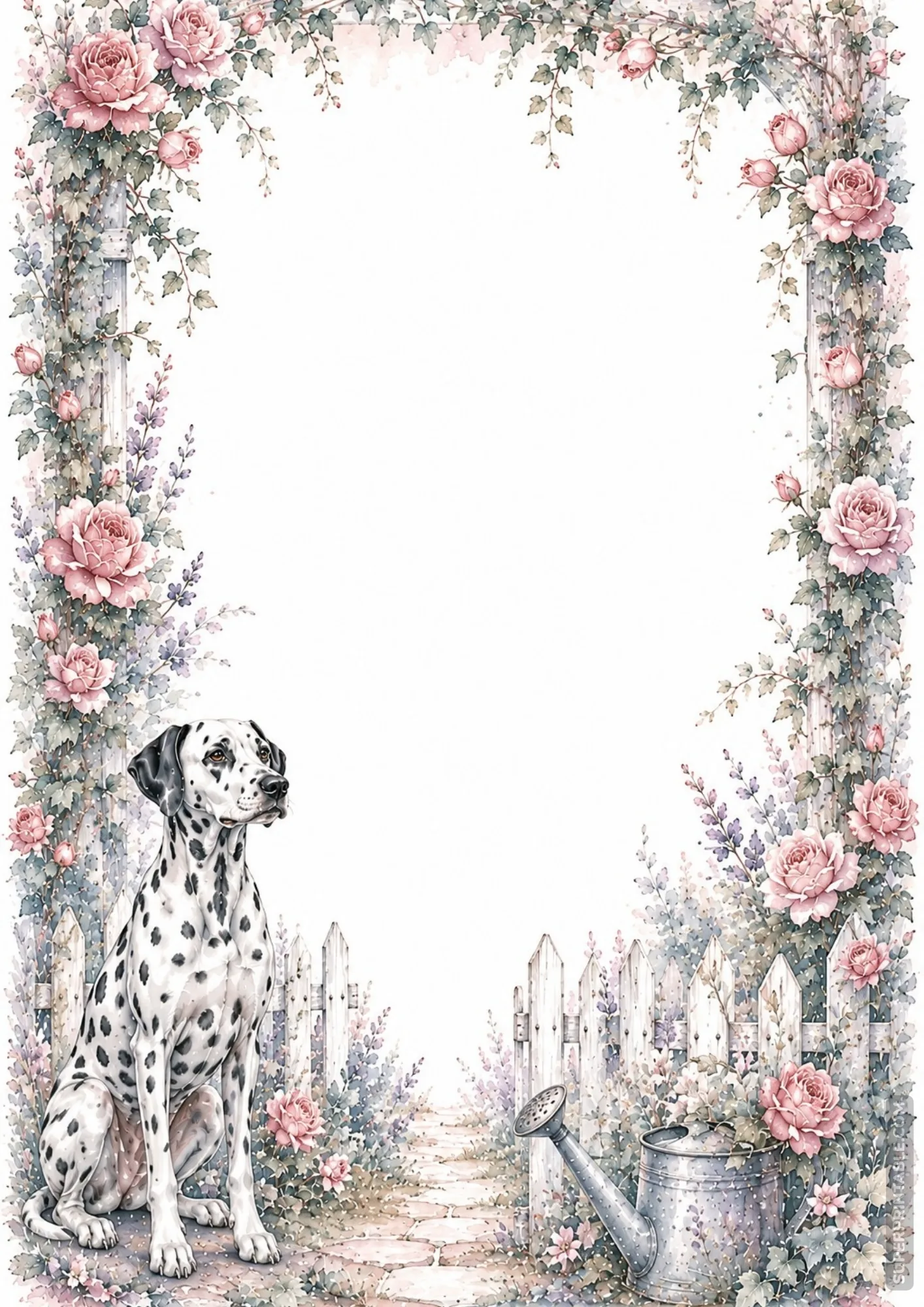 Printable dalmatian washed border pages showing a dalmatian by a white picket fence and watering can.