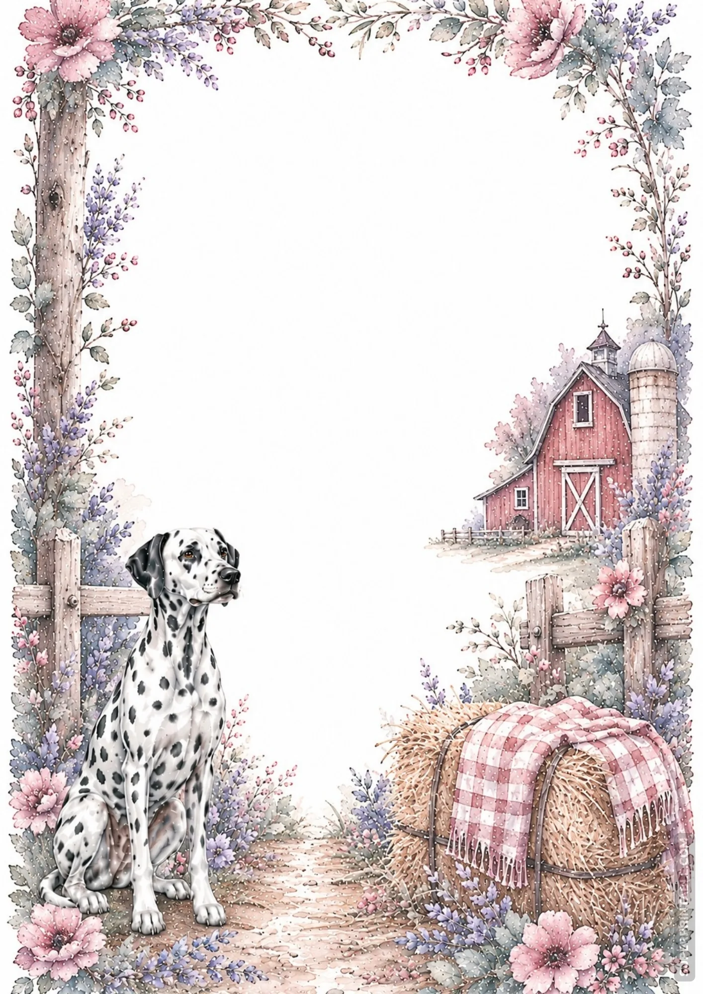 Rustic farm watercolor frame with a Dalmatian dog sitting beside a hay bale and a red country barn.